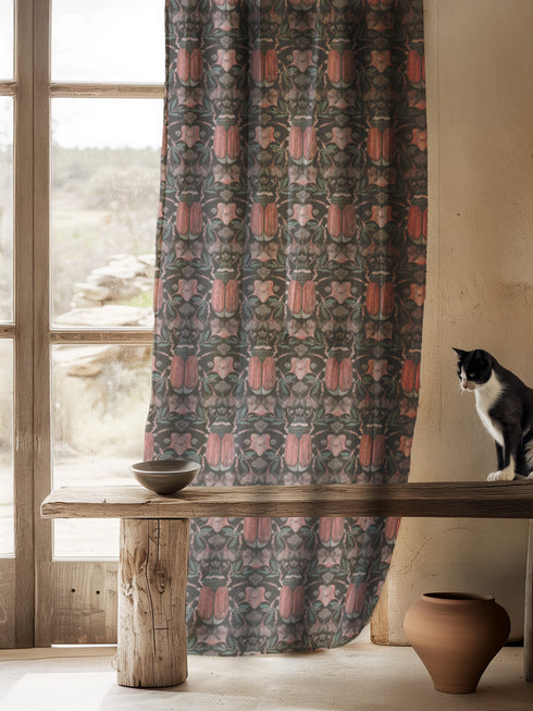 Sheer curtain panel featuring symmetrical pattern of coral-colored scarab beetles with detailed wings, surrounded by pale botanical elements on a dark green/black background. The translucent fabric filters light while displaying entomological motifs in vintage Victorian style.